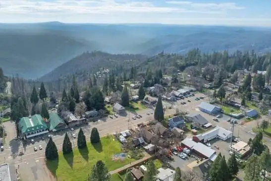 Aerial view of a small town with buildings, roads, tall evergreen trees, and distant foggy mountain hills.