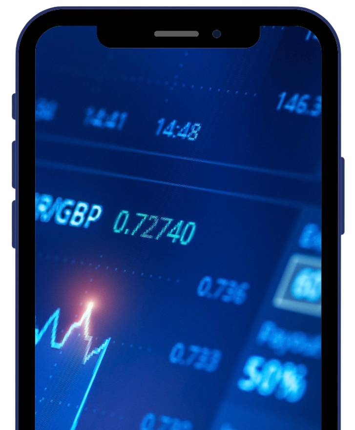 Smartphone screen displaying a financial chart and currency exchange rate GBP 0.72740.