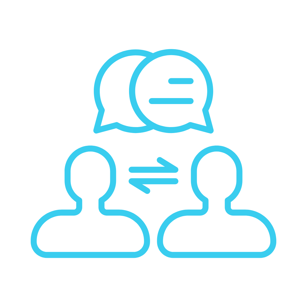 Outline icons of two human figures with double-headed arrows between them and overlapping speech bubbles above, representing communication or exchange.
