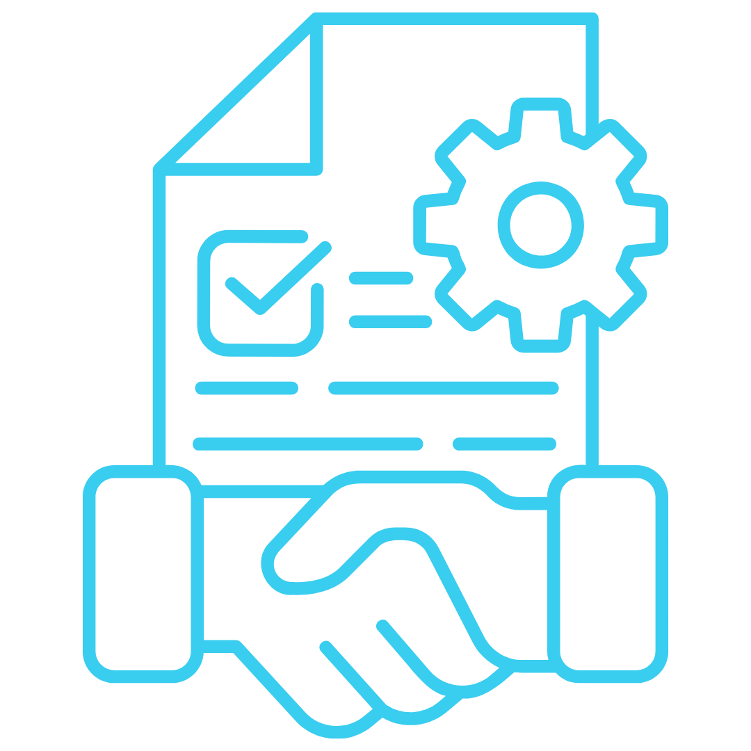 Blue line icon of a handshake beneath a document with a checklist and a gear representing agreement or contract settings.