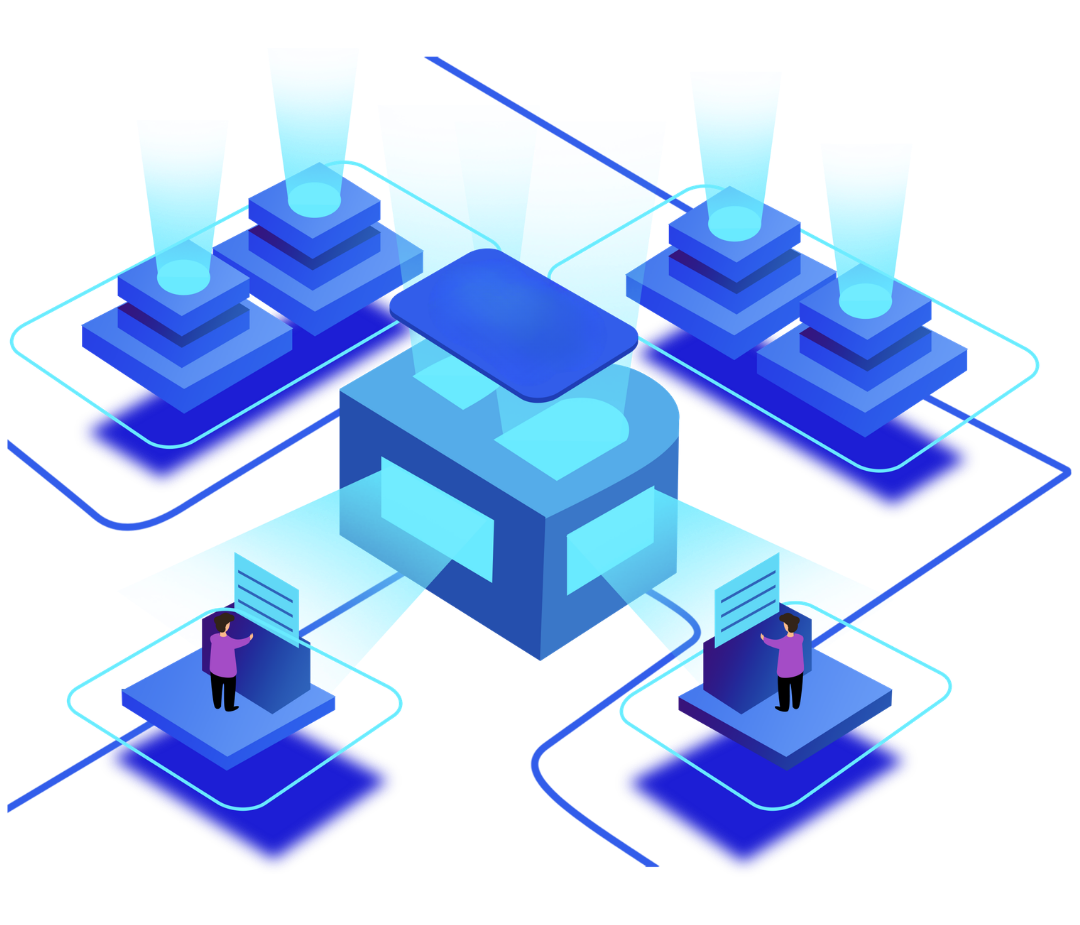 Isometric illustration of a central server connected to four smaller nodes with two characters interacting with data screens.