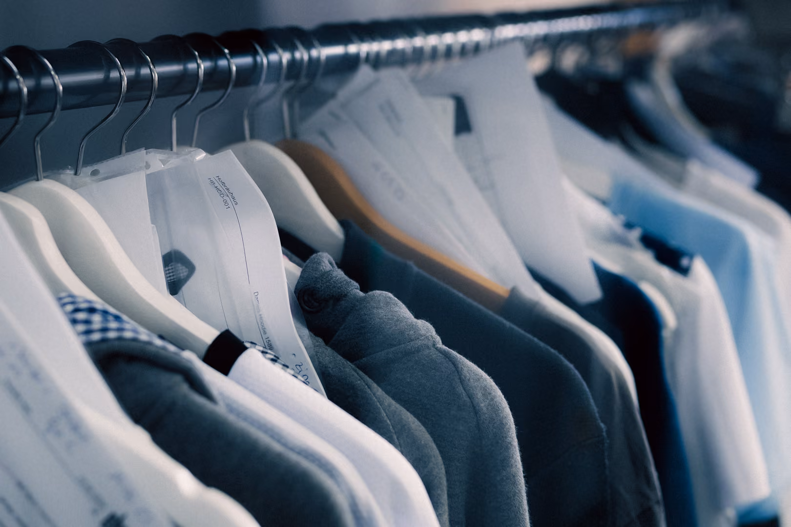 Row of clothes on hangers with papers attached, including shirts in neutral colors.