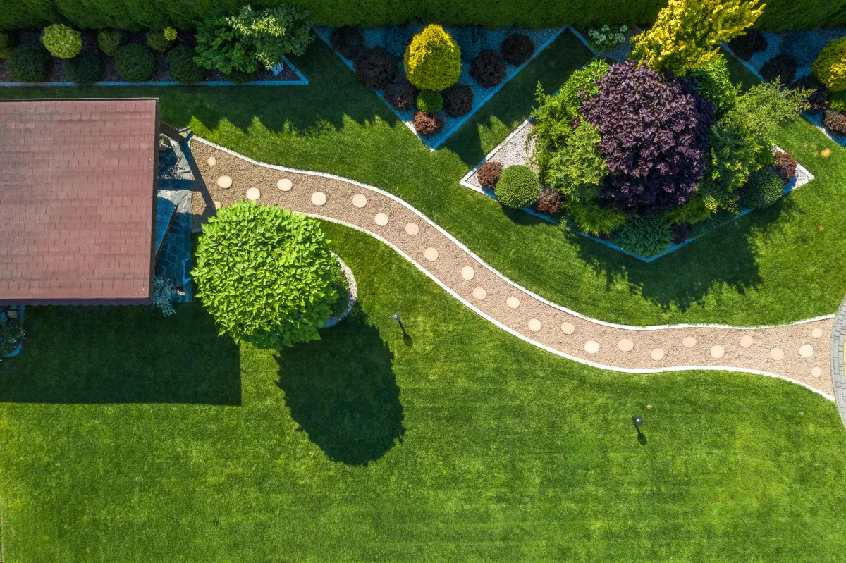 Aerial view of a lush green Okanagan lawn and garden beds served by an in-ground sprinkler system