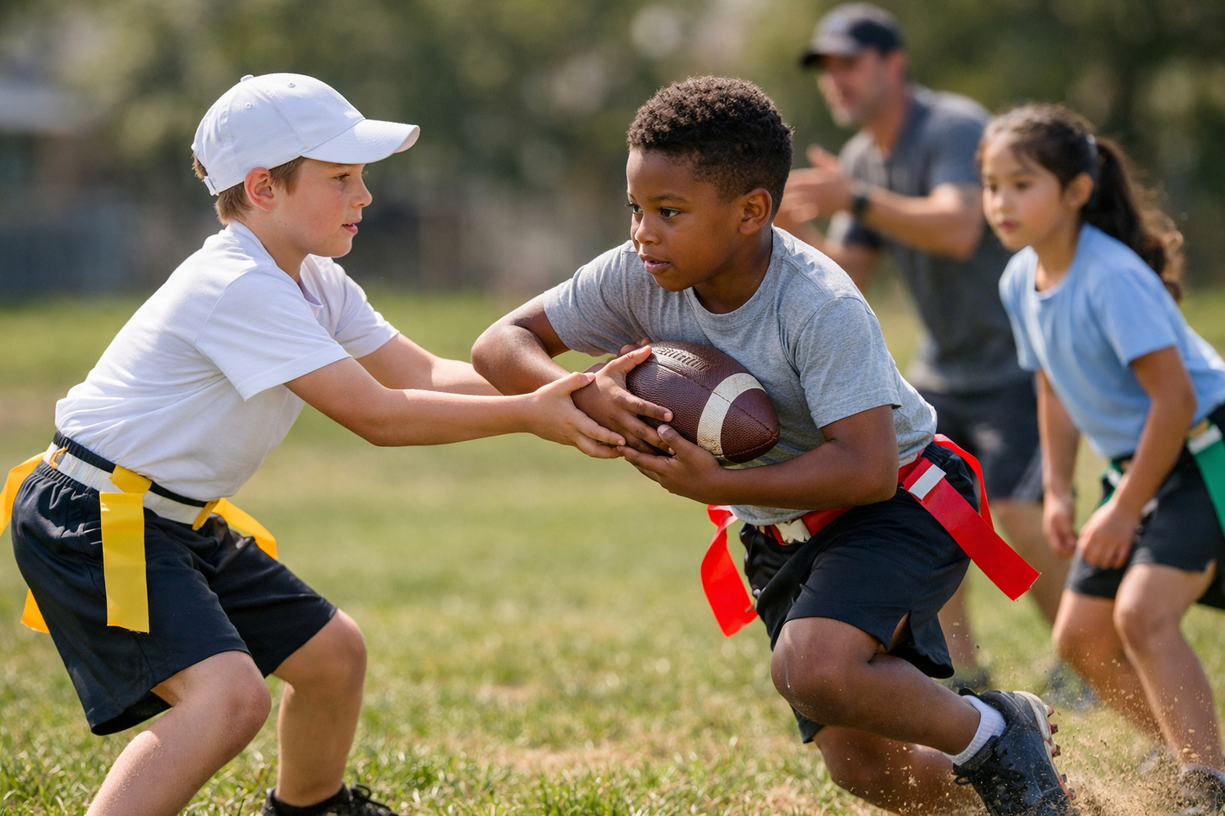 Two kids playing flag football outdoors, one holding the ball while the other tries to grab a flag.