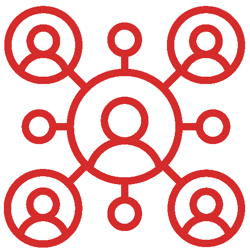 Red network icon with one central user connected to four surrounding users by lines.