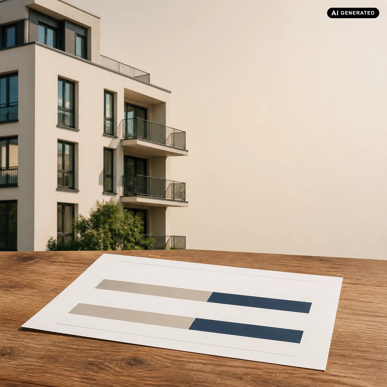 Mehrfamilienhaus mit schematischer Darstellung der Aufteilung in Grundstücks- und Gebäudeanteil