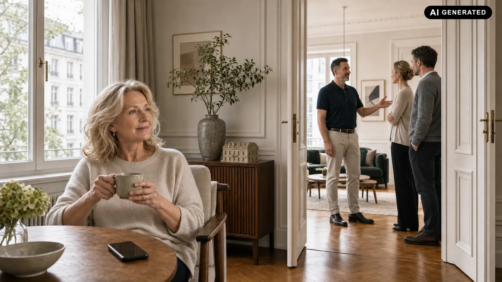 Ältere Frau trinkt Kaffee, im Hintergrund beraten sich zwei Männer und eine Frau in einer eleganten Wohnung.