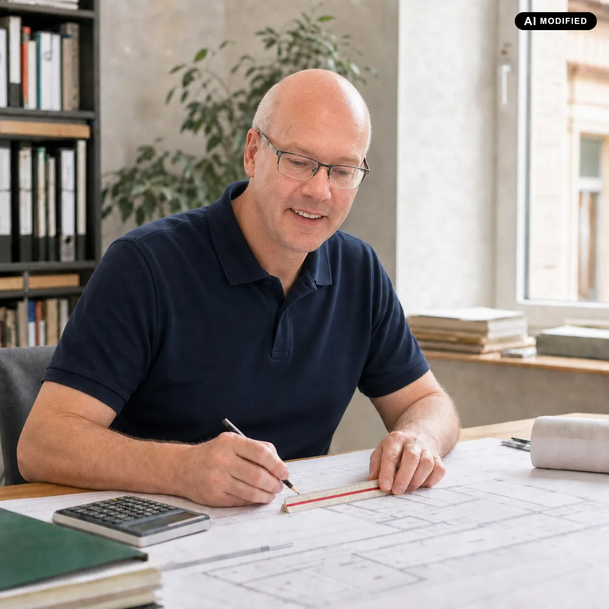 Heinz Jasken arbeitet an technischen Zeichnungen, 2006