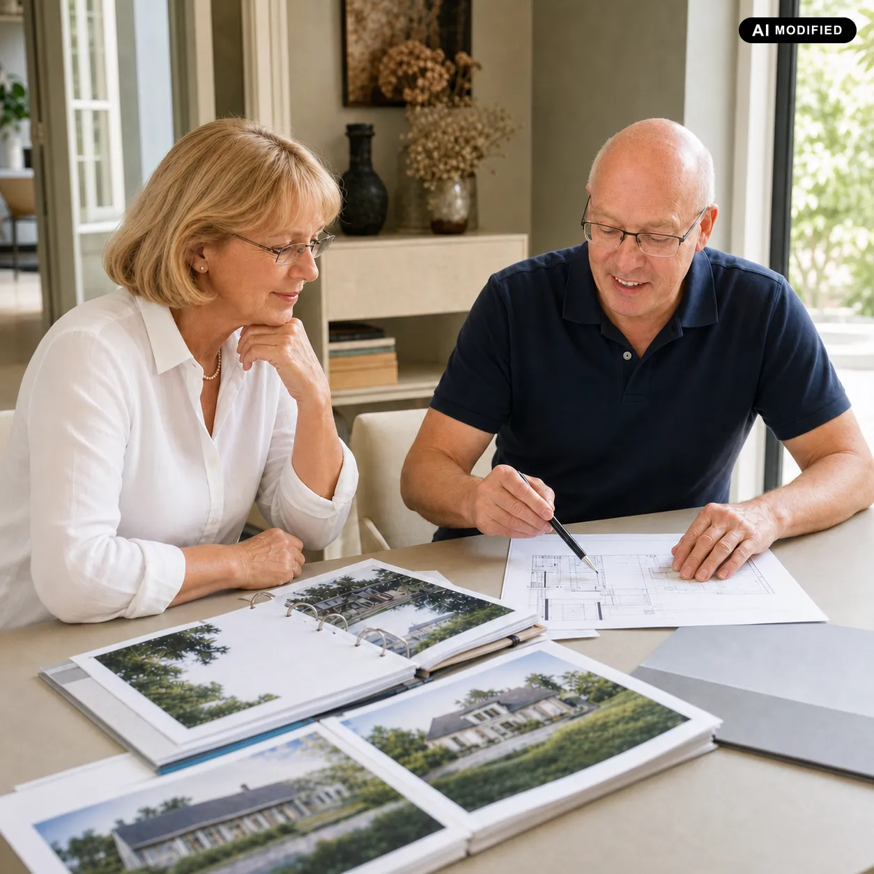 Heinz Jasken erläutert Renate Röblitz die Immobilienbewertung anhand von Grundriss und Unterlagen.