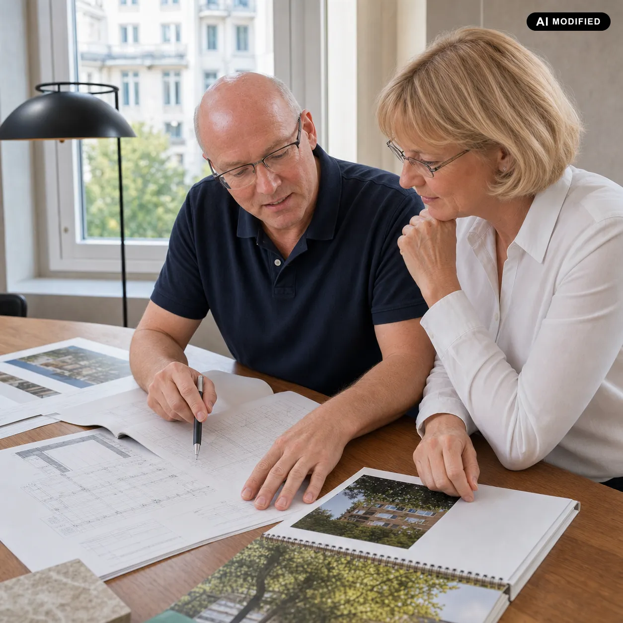 Heinz Jasken und Renate Röblitz prüfen Baupläne und Objektunterlagen