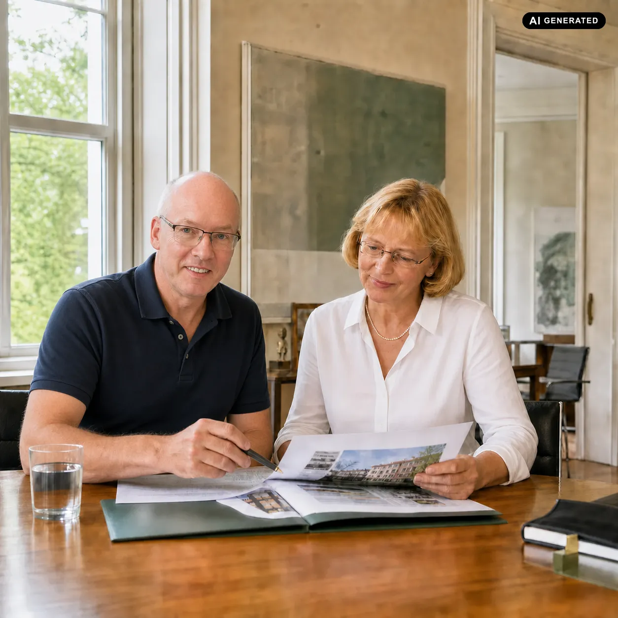 Heinz Jasken und Renate Röblitz arbeiten gemeinsam an Immobilienunterlagen im Büro.