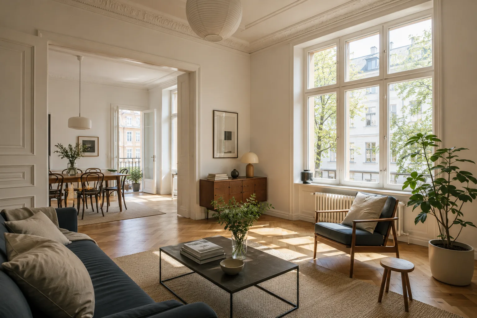 Helle Berliner Altbauwohnung mit Stuck und Dielenboden
