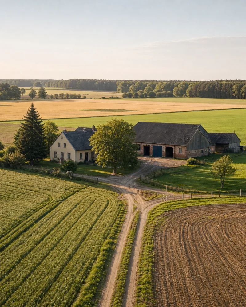 Landwirtschaftliches Anwesen mit Hofgebäuden, Feldern und Feldweg aus der Luft