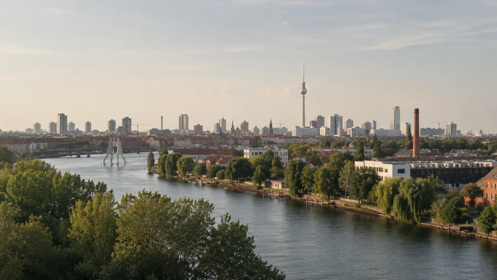 Blick über die Spree auf die Berliner Skyline mit Fernsehturm und Molecule Man