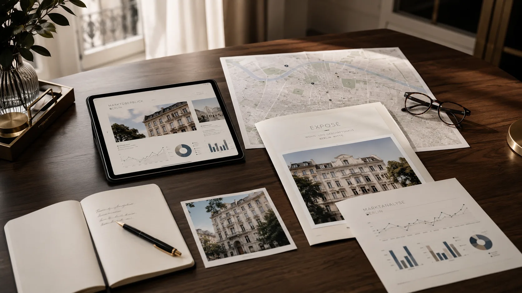 Schreibtisch mit Tablet, Karte, Brille, Notizbuch und Immobilienberichten für Berlin