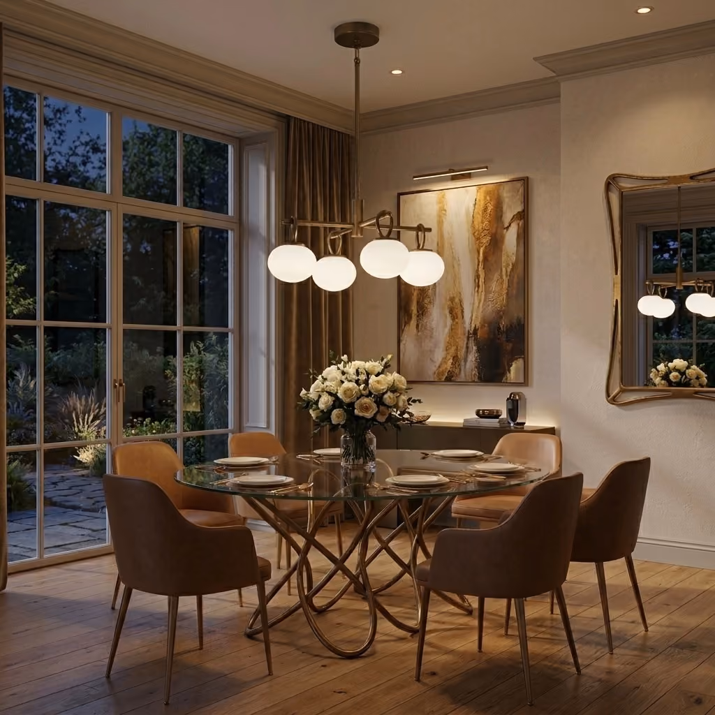 Elegant dining room with a round glass-top table supported by a twisting bronze base, surrounded by six brown leather chairs, a central vase with white roses, warm pendant lighting overhead, a large abstract painting on the wall, and large windows showing an outdoor garden at dusk.