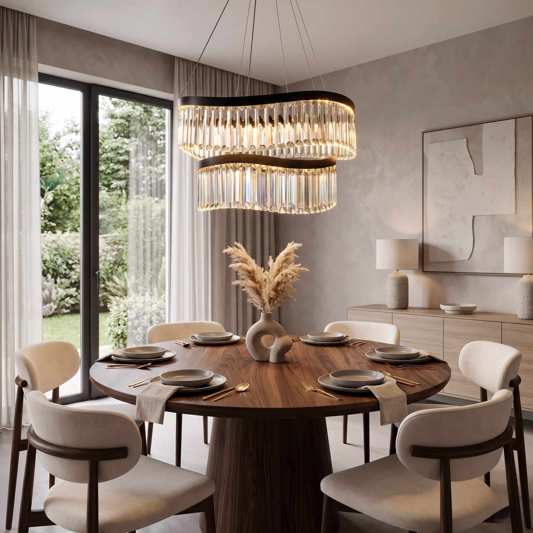 Modern dining room with a round wooden table set for six with beige chairs, plates, gold cutlery, and napkins, a vase with dried pampas grass centerpiece, crystal chandeliers above, large glass doors with sheer curtains, and a sideboard with two lamps and abstract wall art.