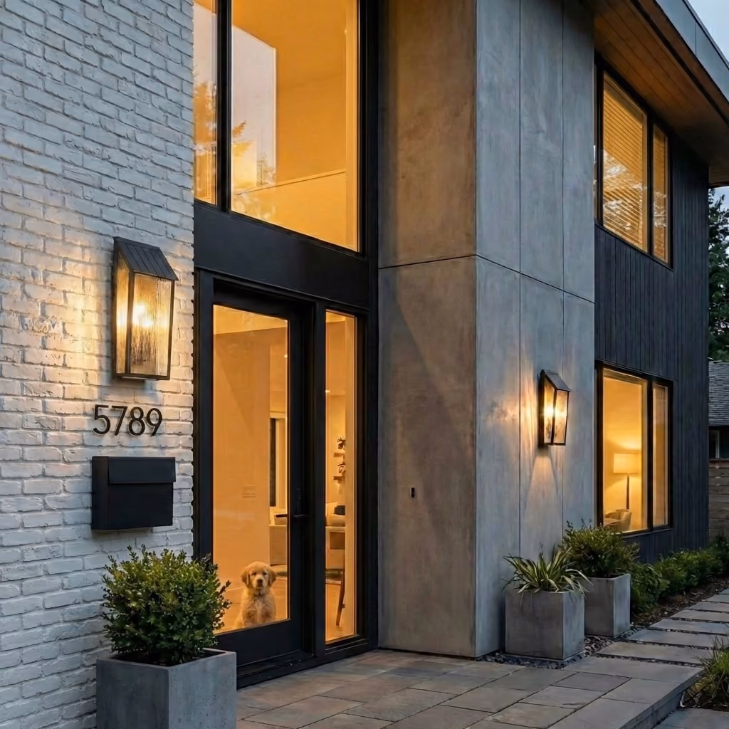 Modern house exterior at dusk with large glass door and windows lit warmly from inside, a small dog sitting behind the glass door, house number 5789 on white brick wall, outdoor wall lights, and concrete planters with green plants along the stone pathway.