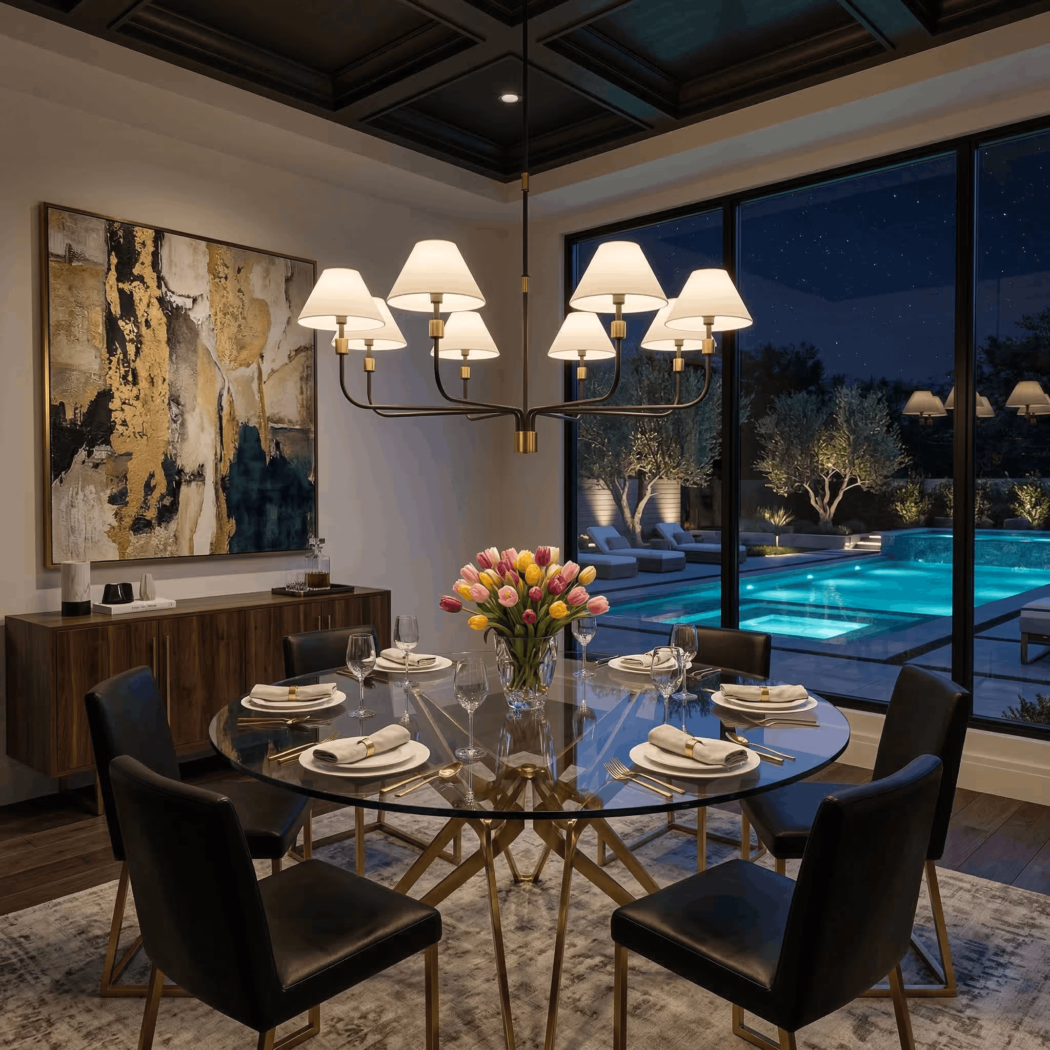 Modern dining room at night with a round glass table set for six, black chairs, a bouquet of multicolored tulips in a clear vase, a contemporary chandelier with eight lamps, abstract wall art, and large glass doors showing an illuminated pool and patio with trees outside.