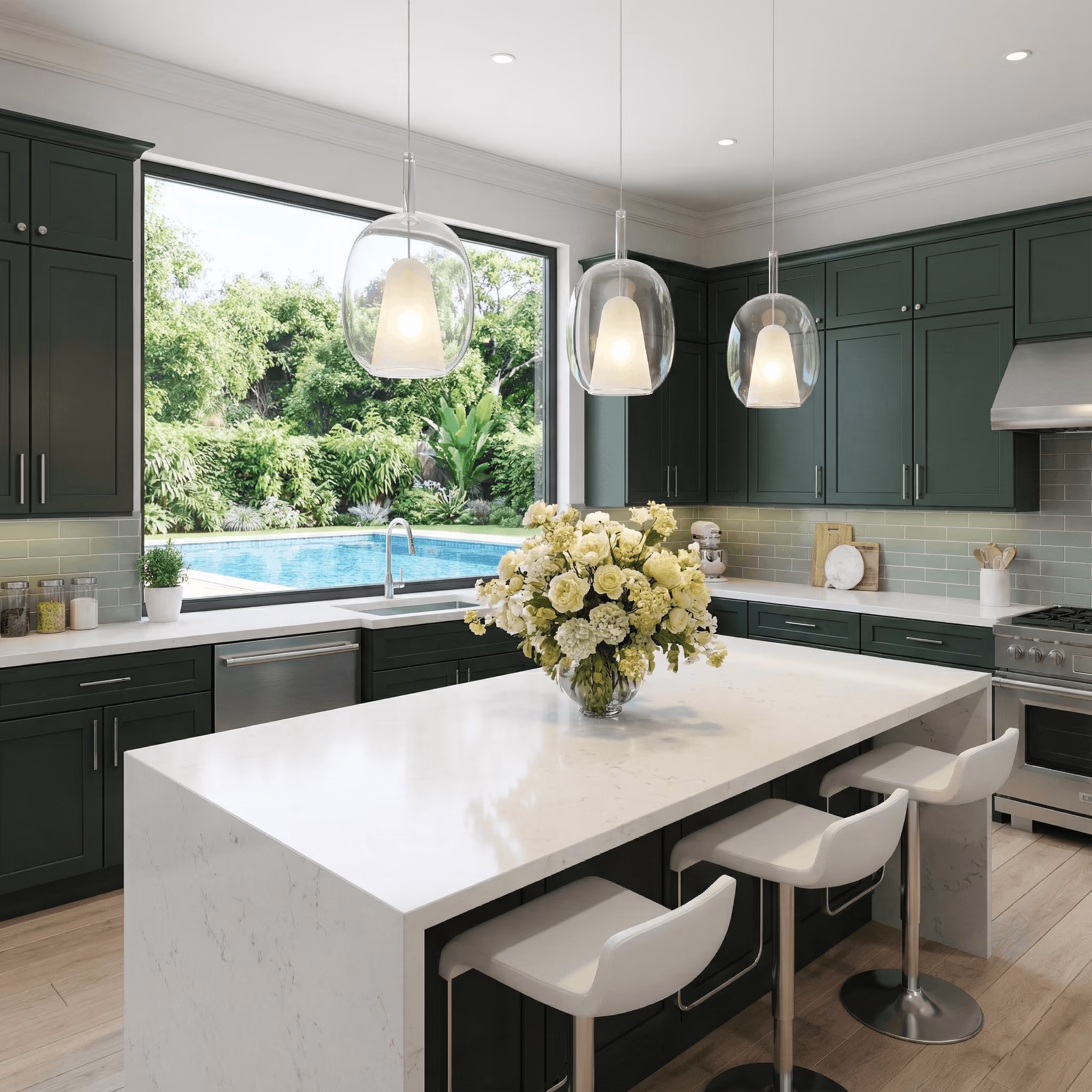 Modern kitchen with dark green cabinets, a large white marble island with three white bar stools, and a vase of white flowers on the island, under three hanging glass pendant lights, overlooking a swimming pool and lush greenery through a large window.