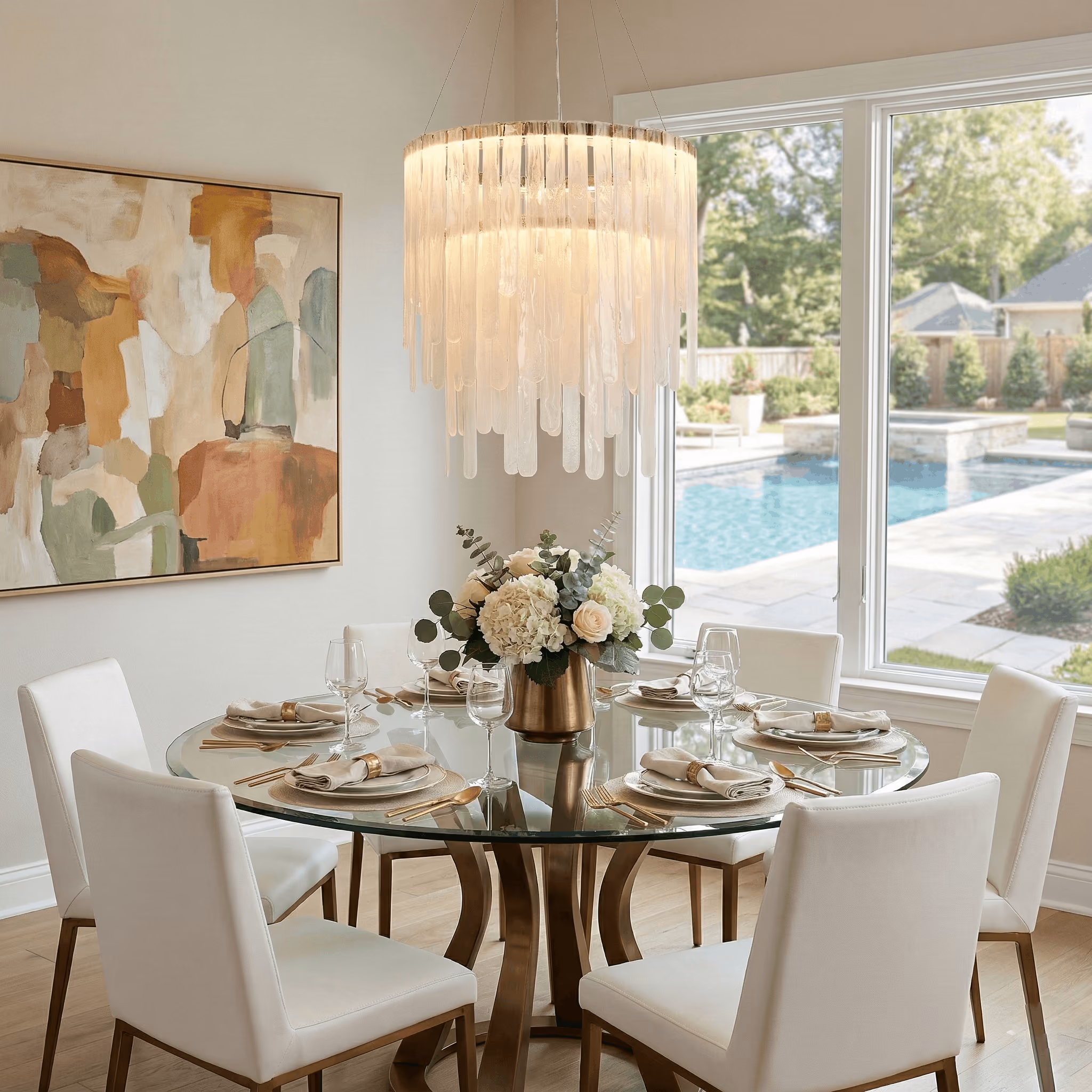 Modern dining room with a round glass table set for six people, cream upholstered chairs, a bouquet of white and pale pink flowers in a gold vase at the center, and a large abstract painting on the wall. A large window shows a backyard with a pool and greenery. Above the table hangs a chandelier with cascading glass elements.