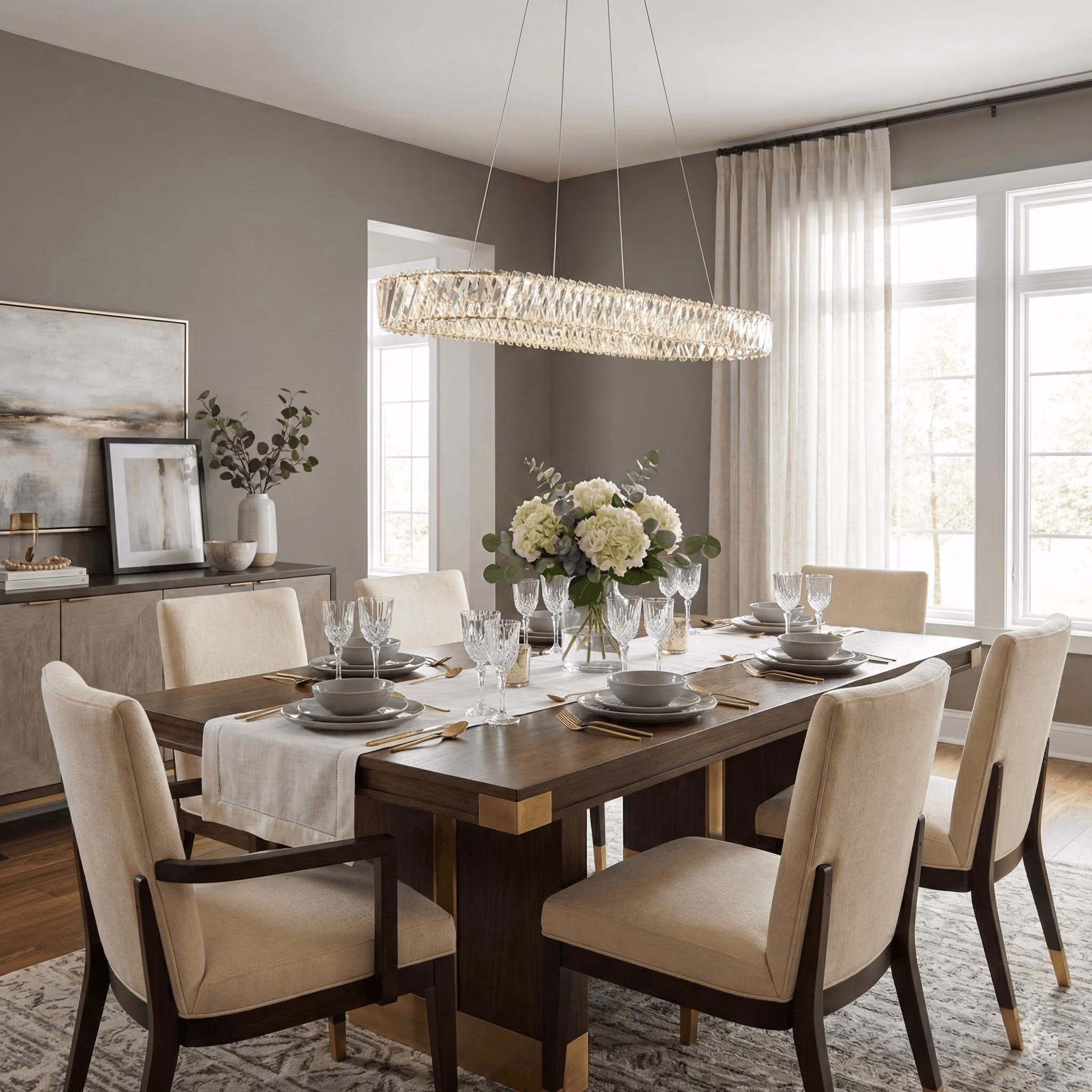 Elegant dining room with a dark wooden table set for six with beige upholstered chairs, gold-toned flatware, gray plates, crystal glasses, a cream table runner, and a centerpiece of white and green flowers under a modern crystal chandelier, with large windows and light beige curtains in the background.