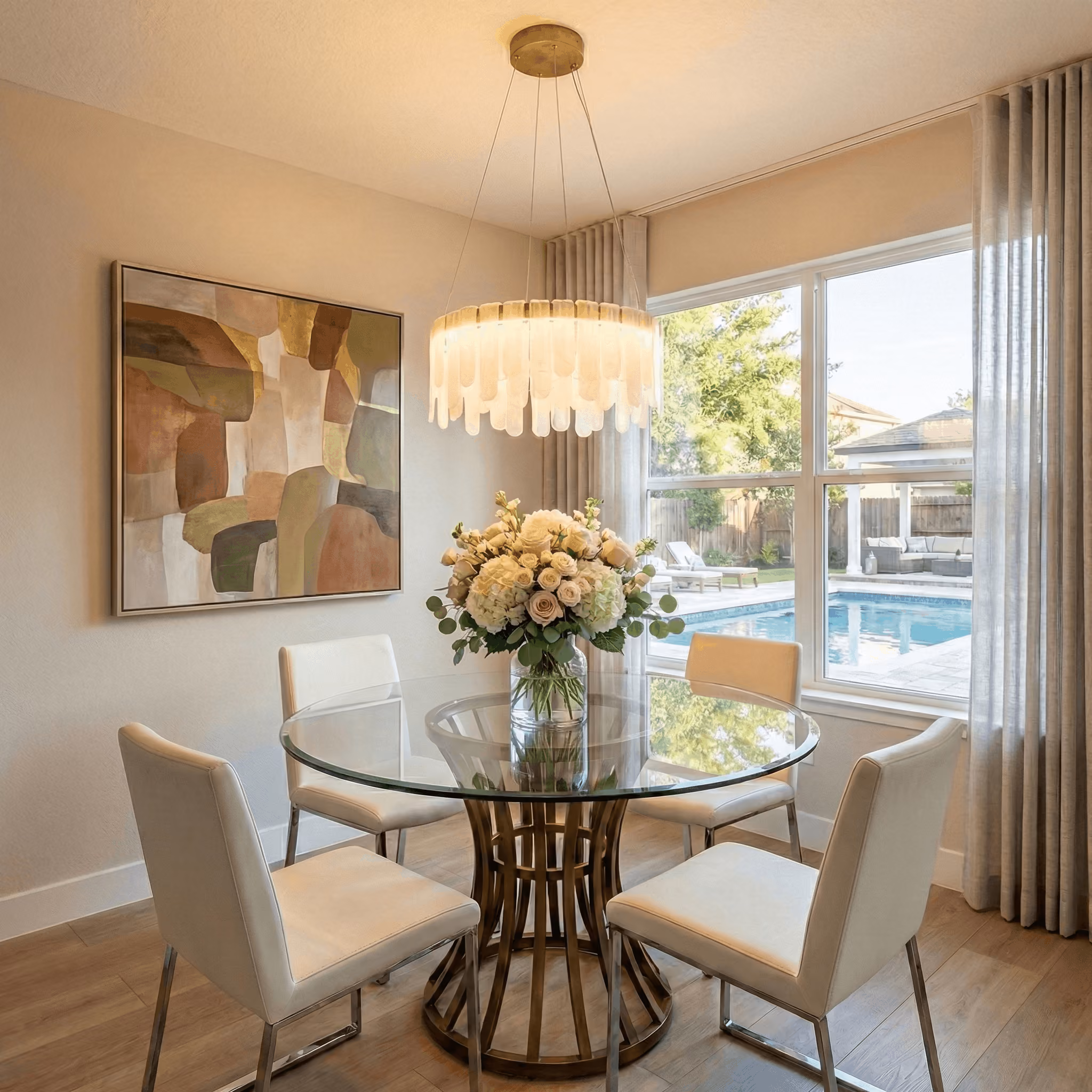 Modern dining area with a round glass table featuring a bronze sculptural base, surrounded by four white upholstered chairs, topped with a large floral centerpiece. A contemporary chandelier hangs above, and a large window shows a view of a backyard with a swimming pool and patio furniture. An abstract painting with earth tones decorates the wall.