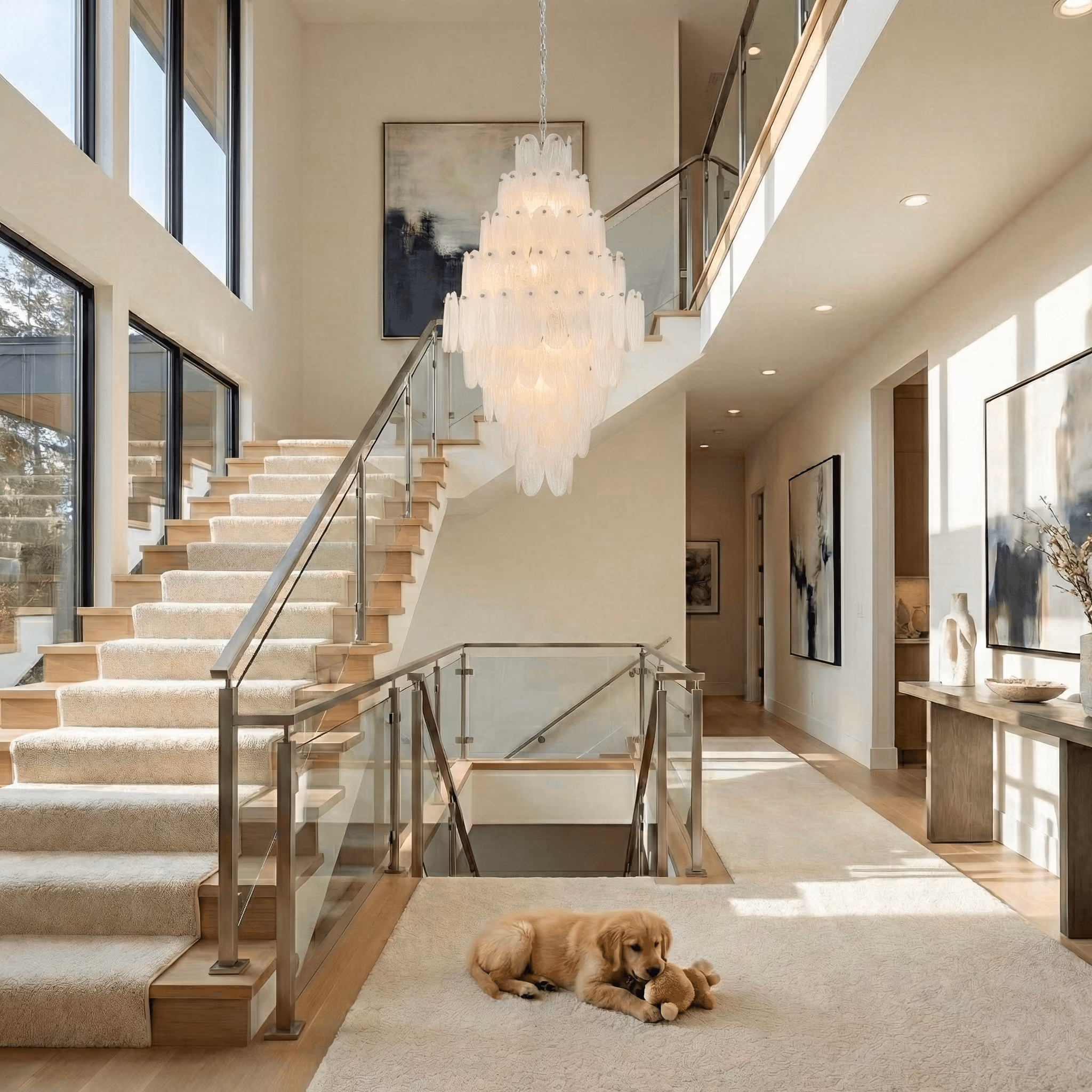Bright modern home interior with beige carpeted wooden staircase featuring glass and metal railings, a large tiered chandelier, abstract wall art, console table with decorative items, and a golden retriever puppy lying on a plush rug chewing a stuffed toy.