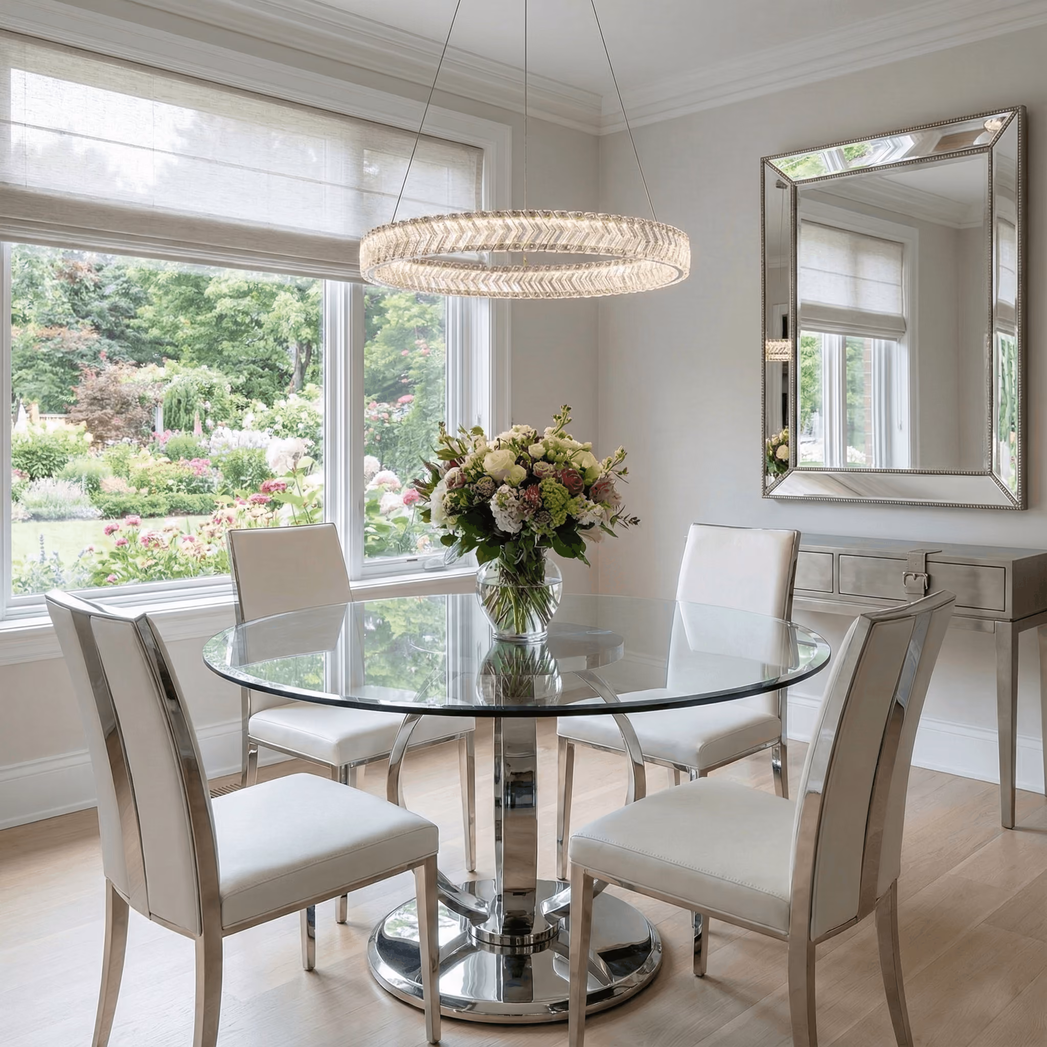 Modern dining room with a round glass table with a chrome pedestal base surrounded by five white upholstered chairs, a vase with fresh flowers on the table, a large window showing a garden outside, a rectangular wall mirror with a reflective frame, and a sleek console table beneath the mirror on light wood flooring.