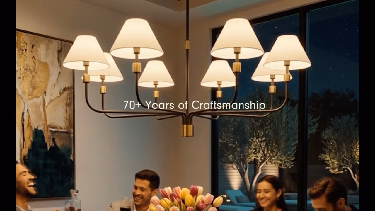 A modern chandelier with nine lit lampshades hangs above a dining table where a group of people are smiling and enjoying a meal, with a bouquet of colorful tulips as the centerpiece and a large window showing an outdoor nighttime scene.