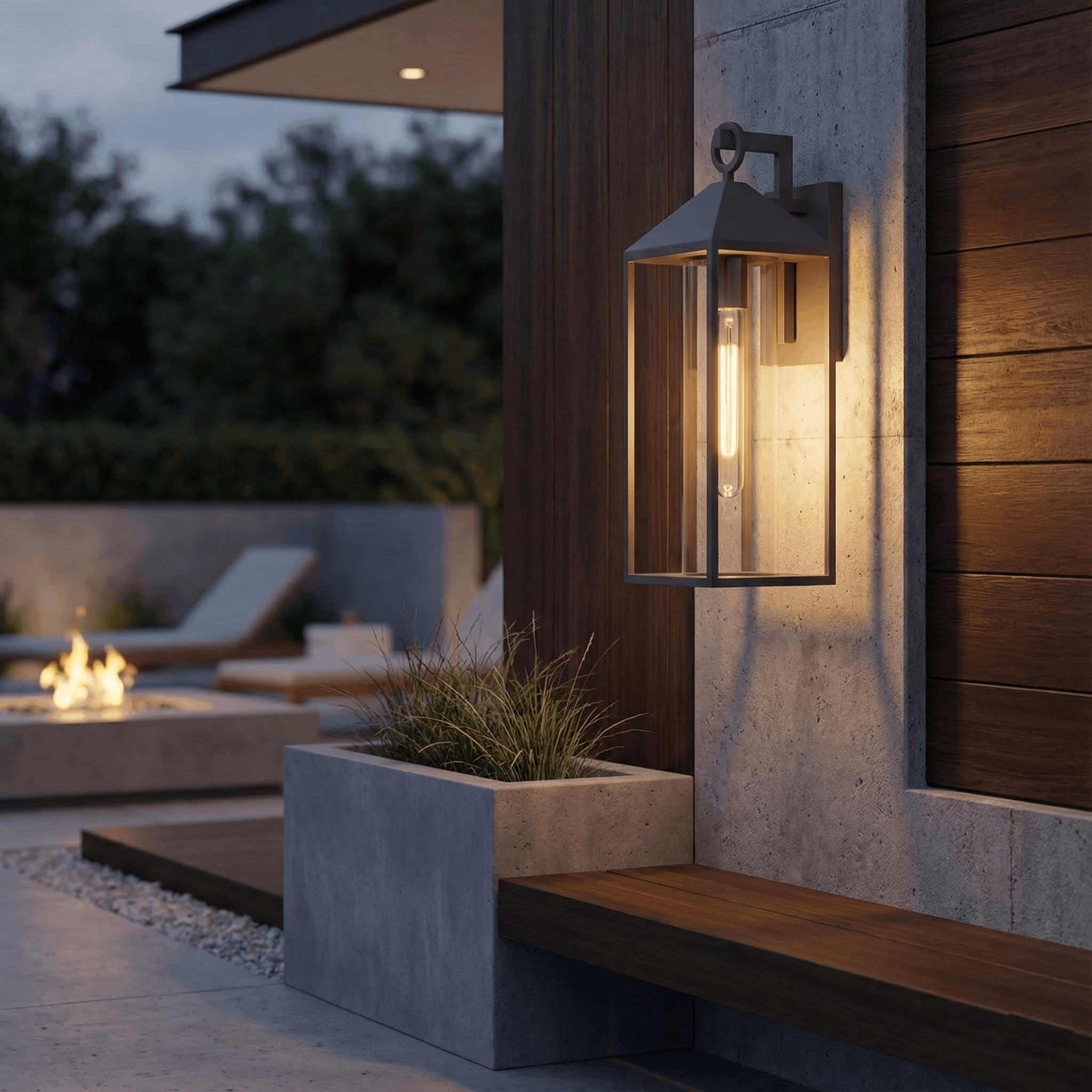 Modern outdoor wall lantern with a clear glass enclosure and a glowing tubular bulb mounted on a concrete and wooden wall near a concrete planter with greenery, with an evening patio seating area and fire pit in the background.