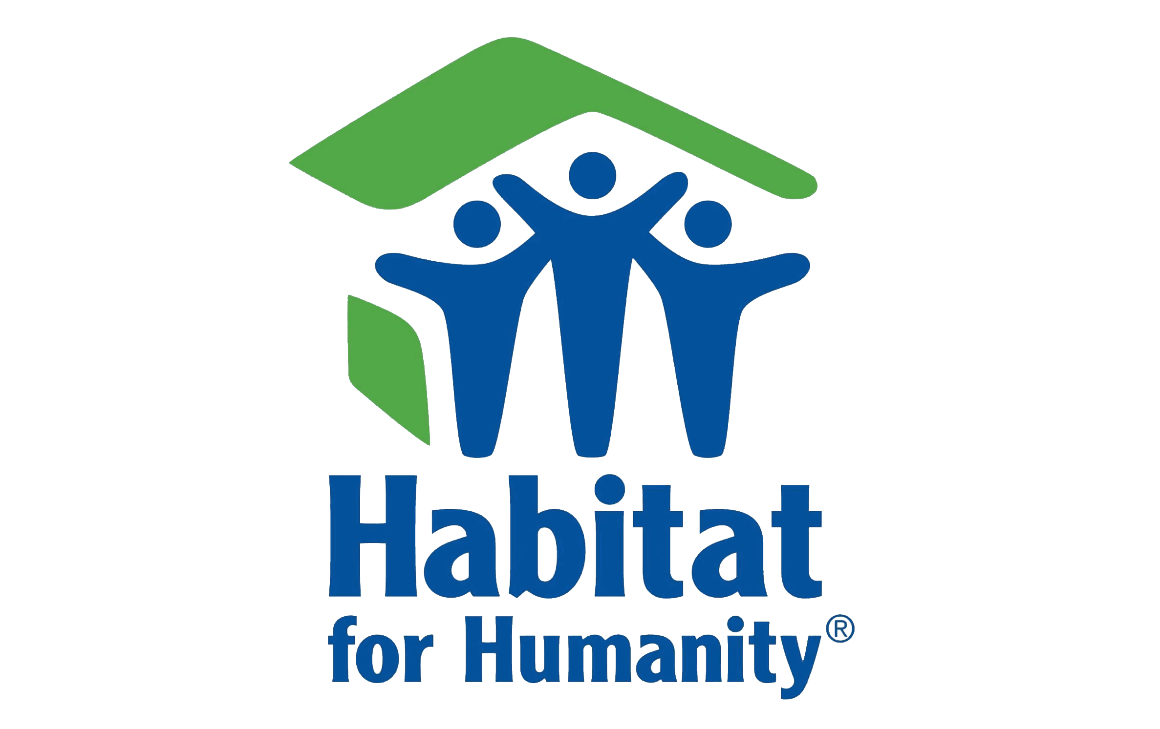 Habitat for Humanity logo featuring three stylized blue human figures with arms raised under a green roof shape.