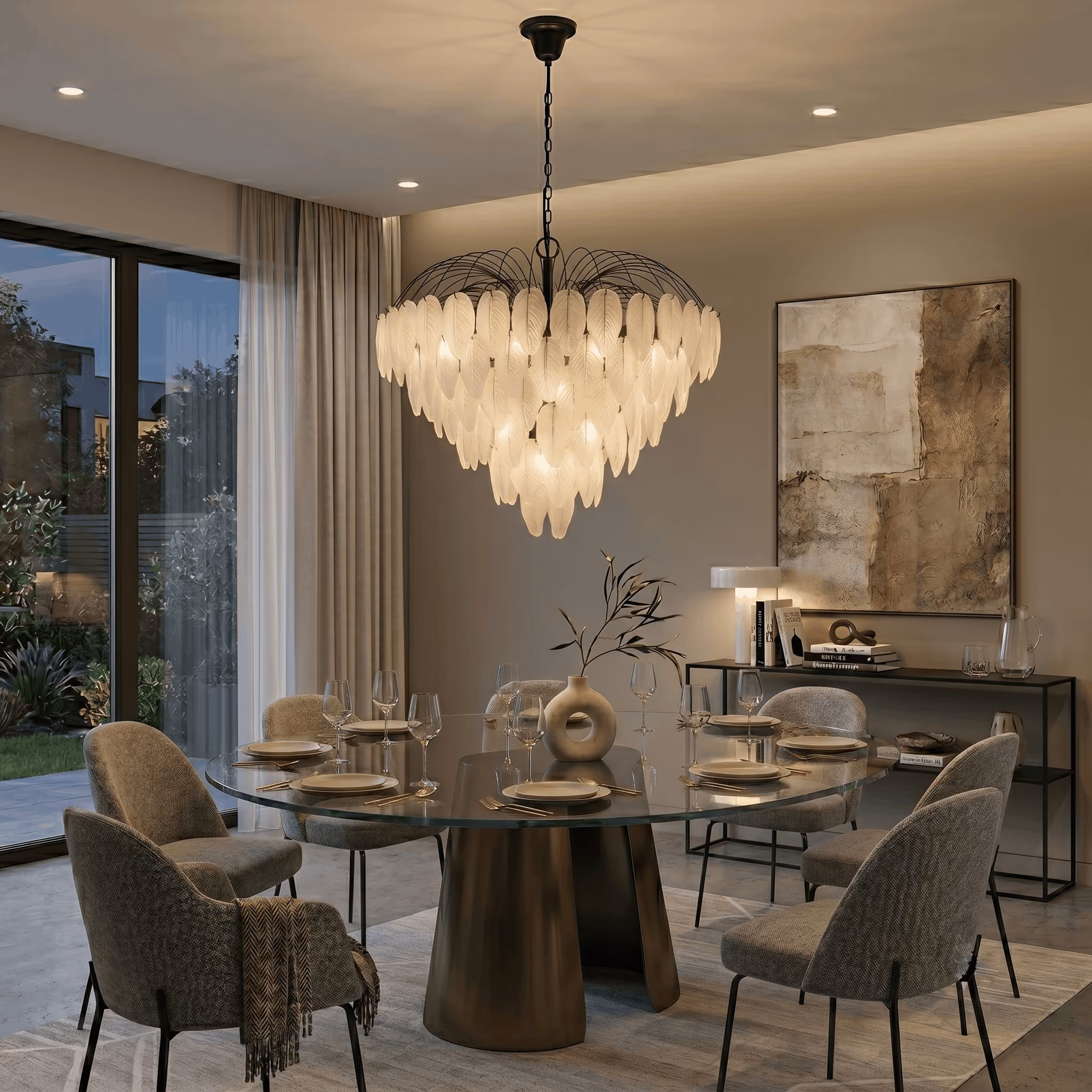Modern dining room with a round glass table and six upholstered chairs on a light rug, set for dinner with plates and wine glasses. A unique chandelier with layered white glass leaves hangs above the table. Sliding glass doors reveal a garden outside, and a console table with books, a lamp, and abstract artwork is against the wall.