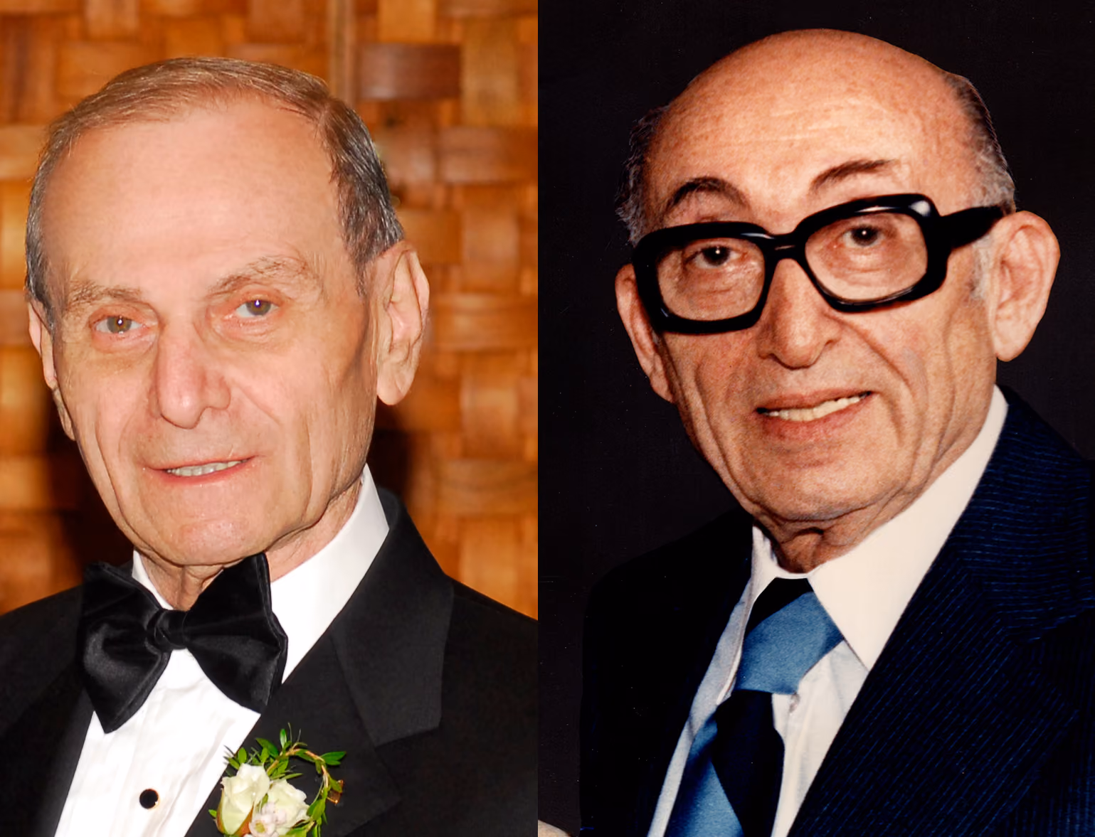 Portrait of two elderly men side by side; the man on the left is wearing a black tuxedo with a white shirt and black bow tie, and a white boutonniere with greenery, while the man on the right is wearing large black glasses, a dark suit, white shirt, and a striped blue tie.