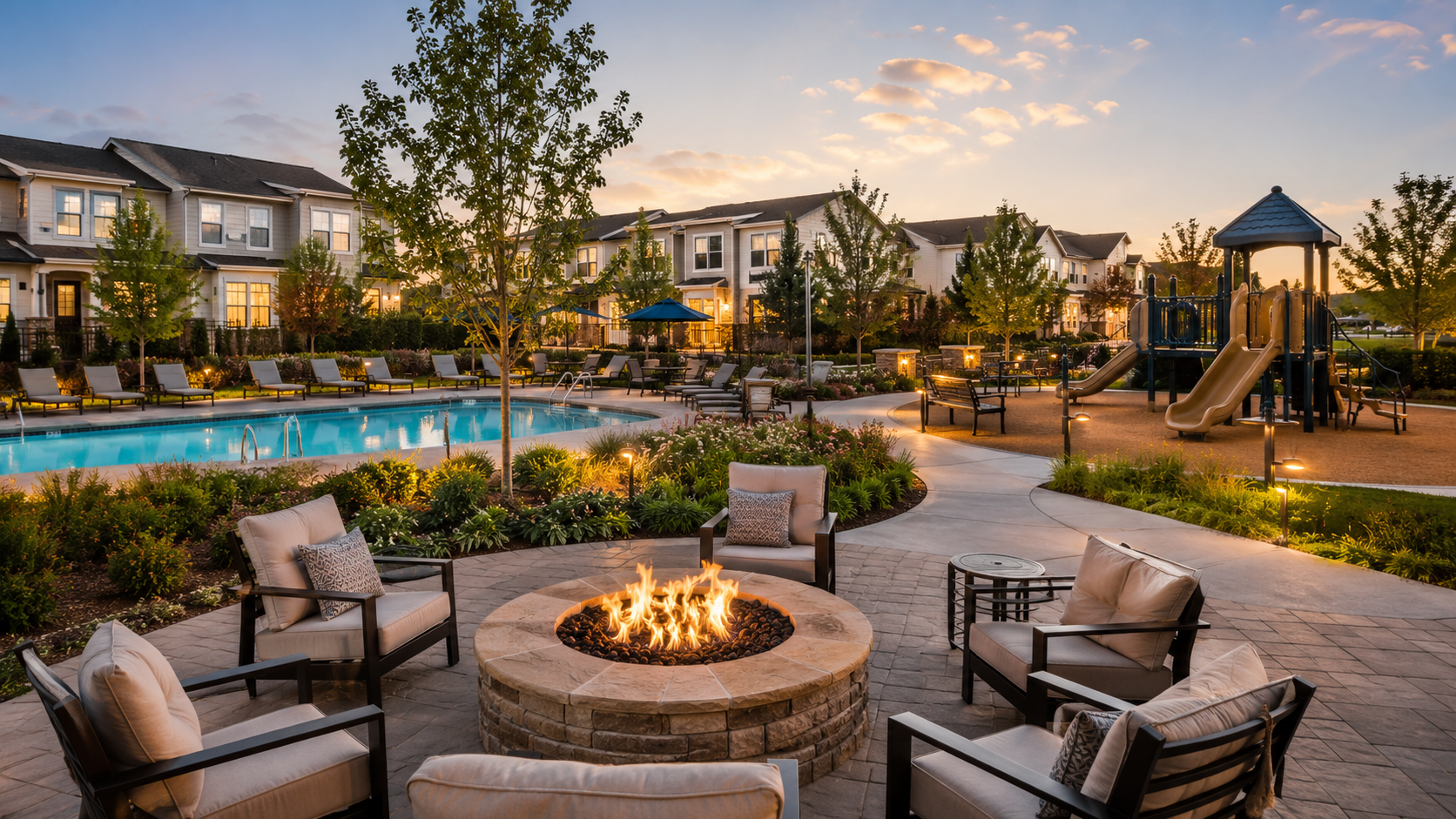 A Colorado HOA residential community pool and outdoor gathering area at dusk