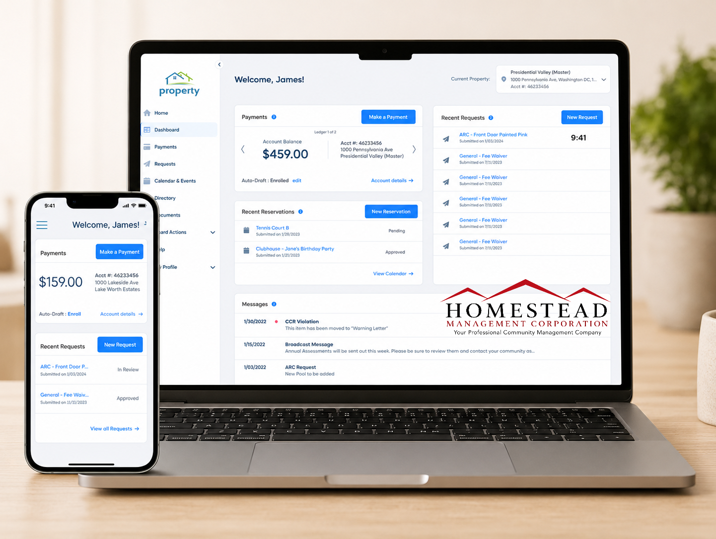Homestead homeowner portal on desktop and mobile devices