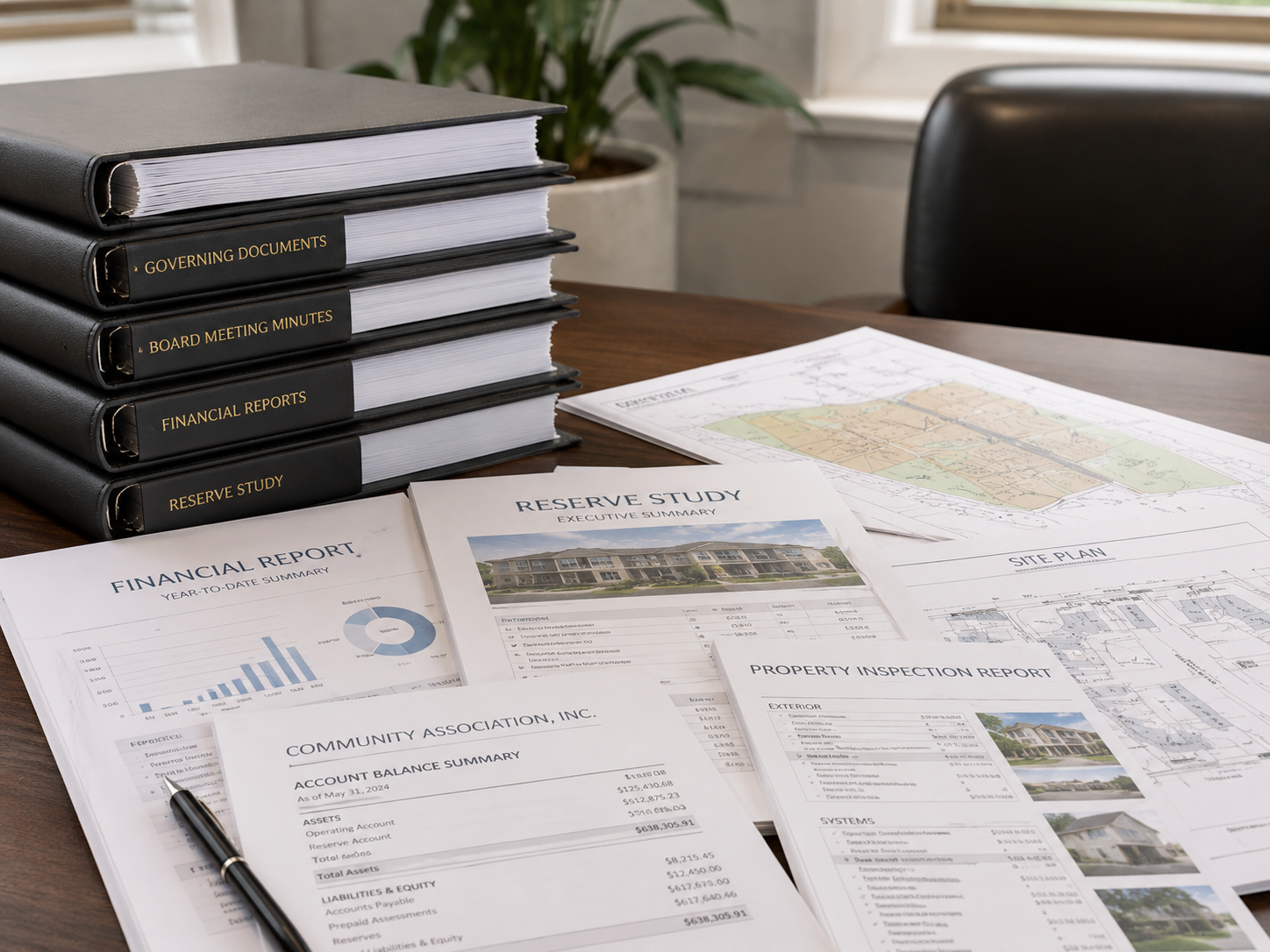 HOA developer turnover records, governing documents, reserve study, and financial reports