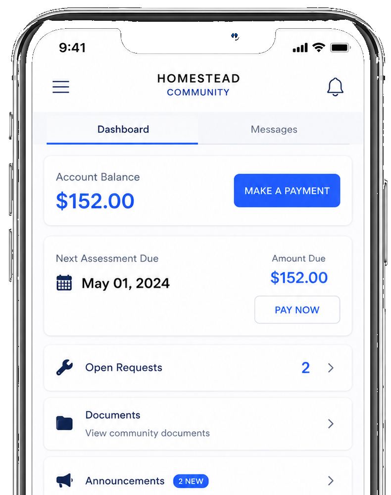 Homestead HOA homeowner portal with account balance, payments, documents, requests, and announcements