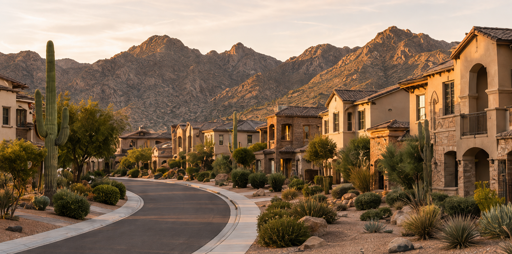 Residential HOA community in Arizona with desert landscaping and mountain views