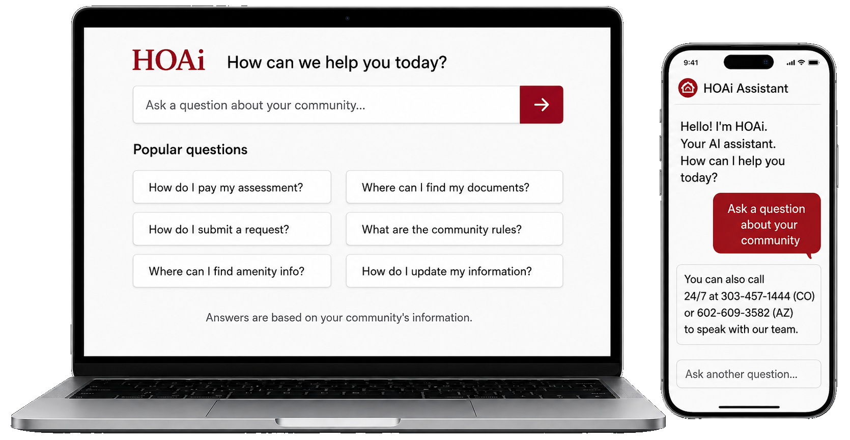 HOAi shown on laptop and mobile screens providing 24/7 answers to homeowner questions.