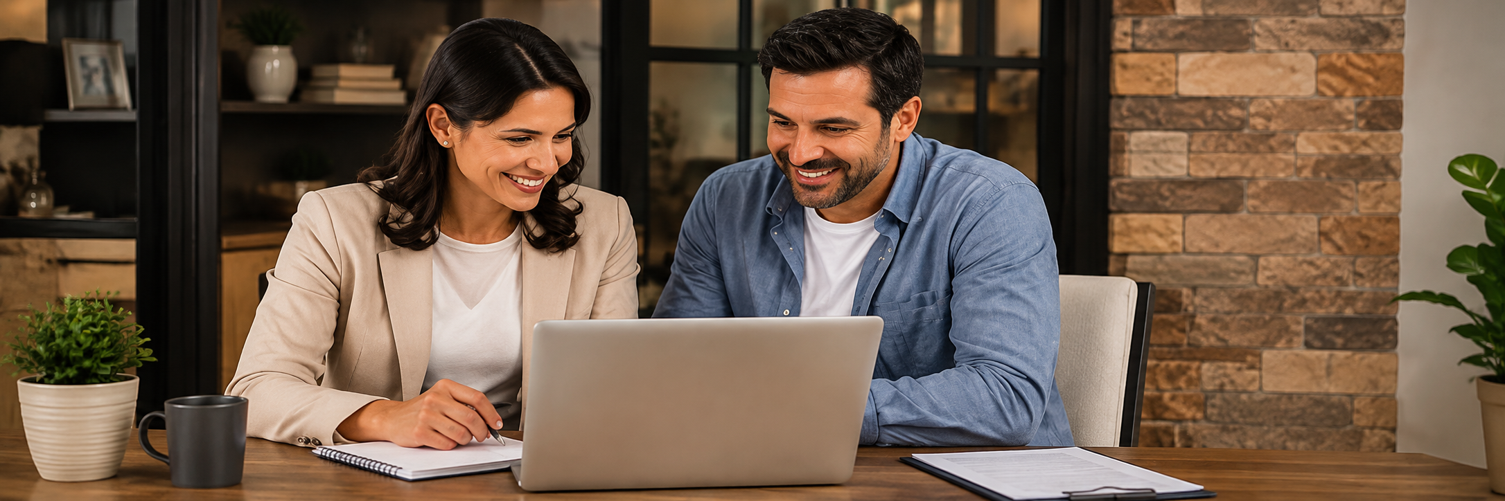 Homeowners reviewing HOA information together on a laptop.