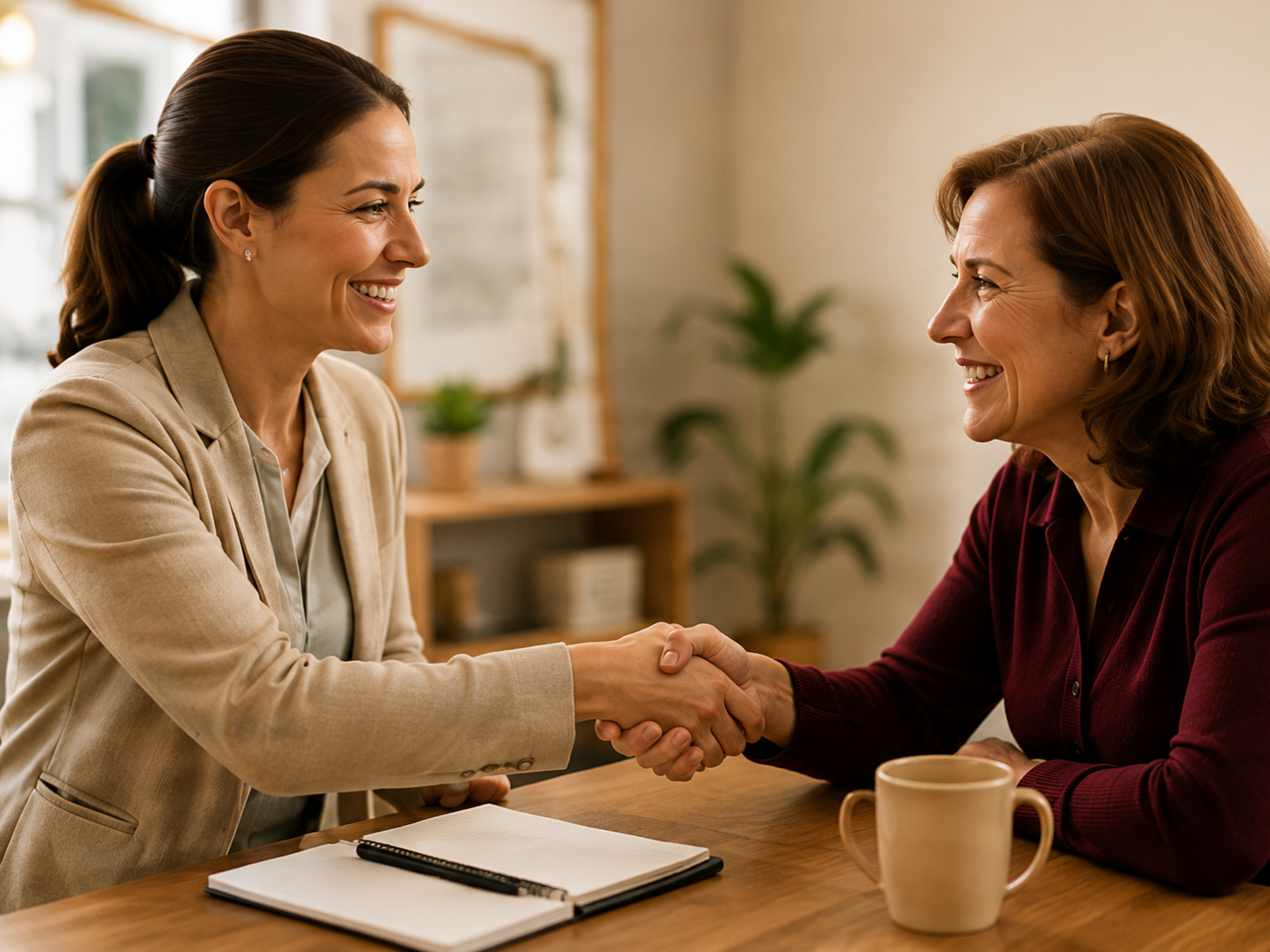 Community manager shaking hands with a homeowner during a friendly conversation