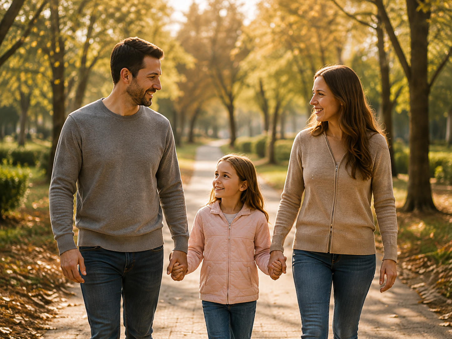 Family walking together through a tree-lined neighborhood