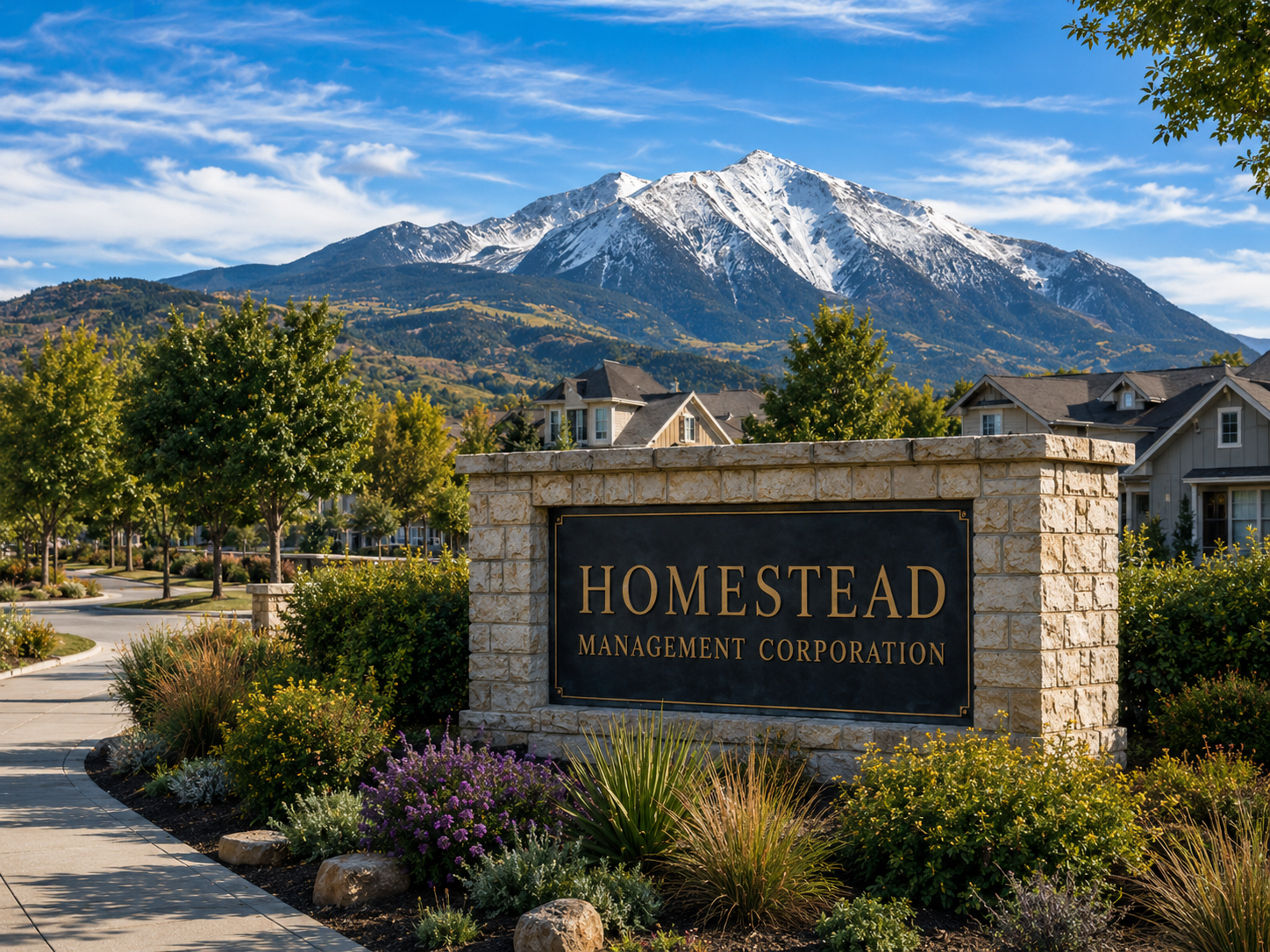 Homestead Management community in Colorado with Rocky Mountain backdrop