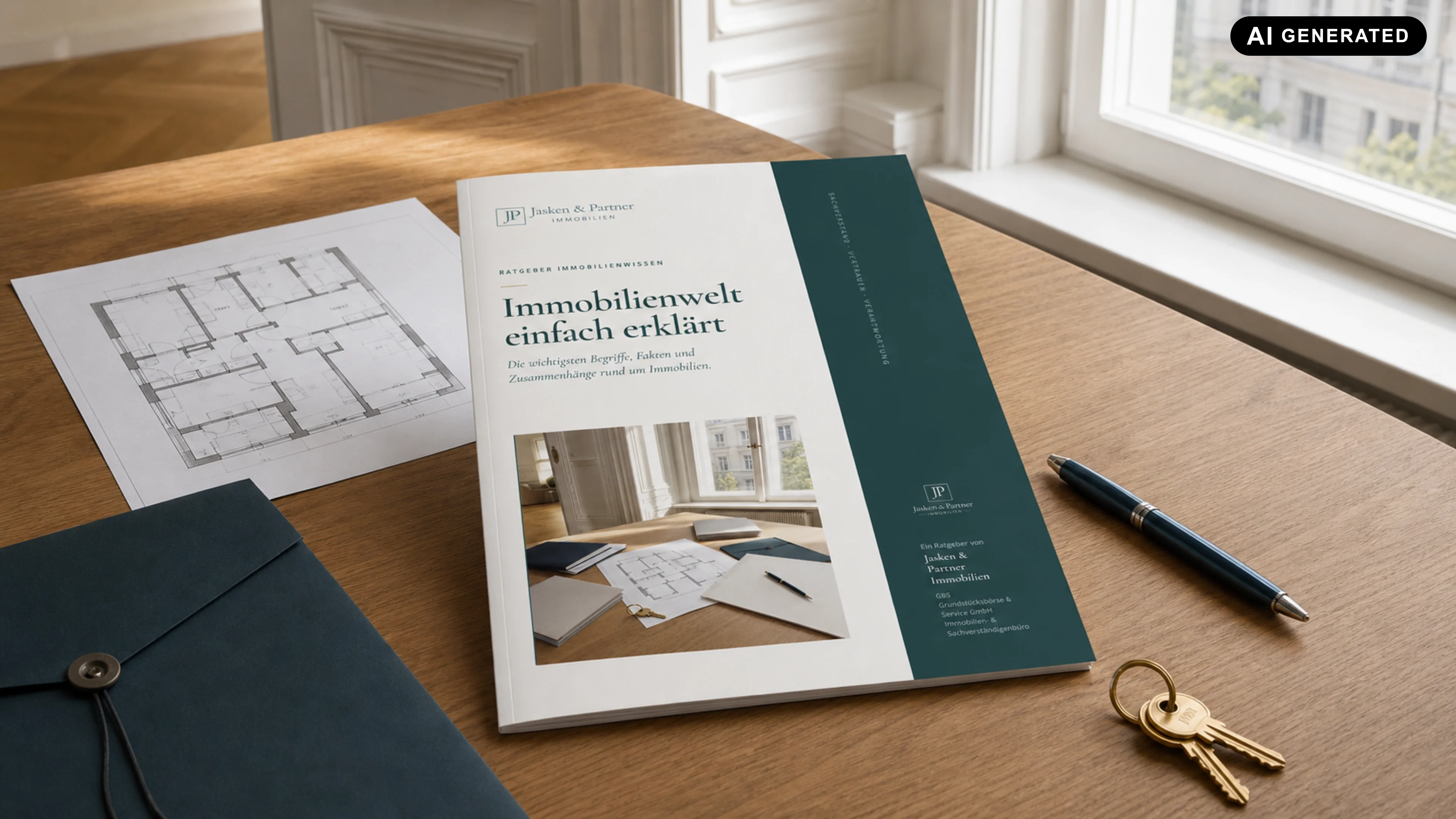Gedruckter Ratgeber „Immobilienwelt einfach erklärt“ neben Grundriss, Dokumentenmappe und Schlüssel.