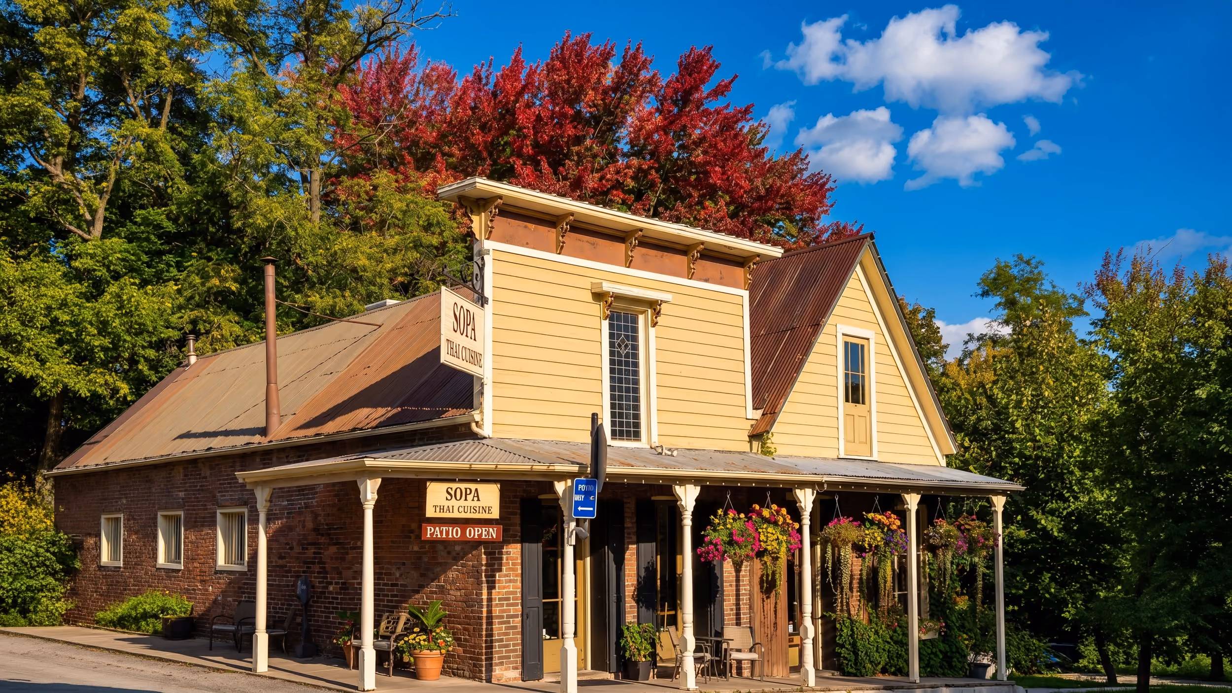 A building with signs for "Sopa Thai Cuisine" and "patio open", surrounded by green and red trees.