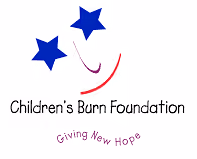 Logo with two blue stars and a smiling face, text reads Children's Burn Foundation, Giving New Hope.