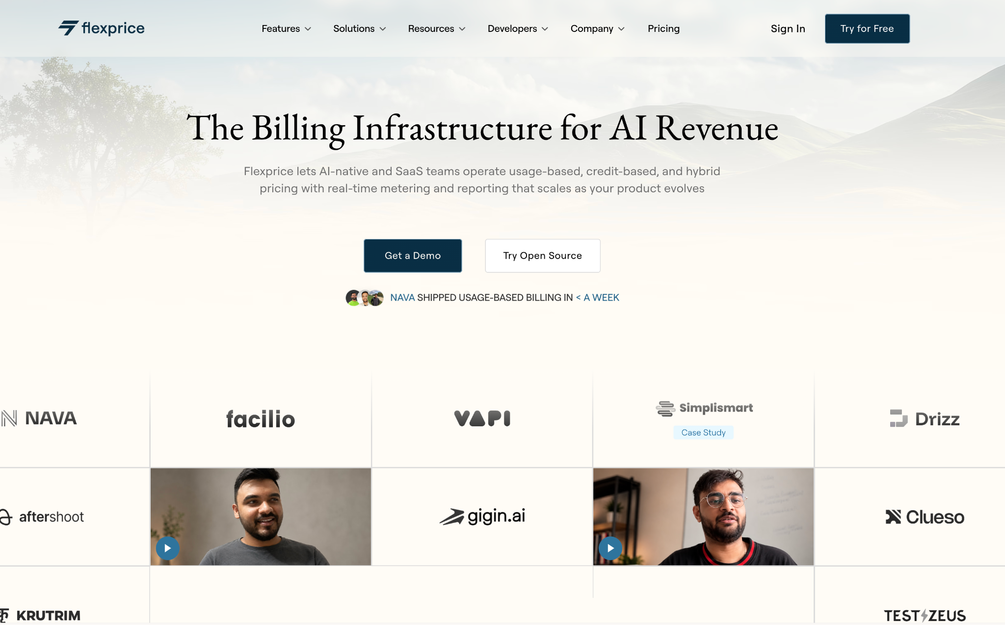 Flexprice homepage promoting billing infrastructure for usage-based, credit-based, and hybrid AI pricing models.
