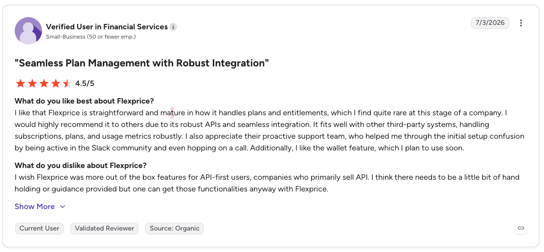 G2 review rates Flexprice 4.5/5 for plan management and integrations but notes limited out-of-the-box API features.
