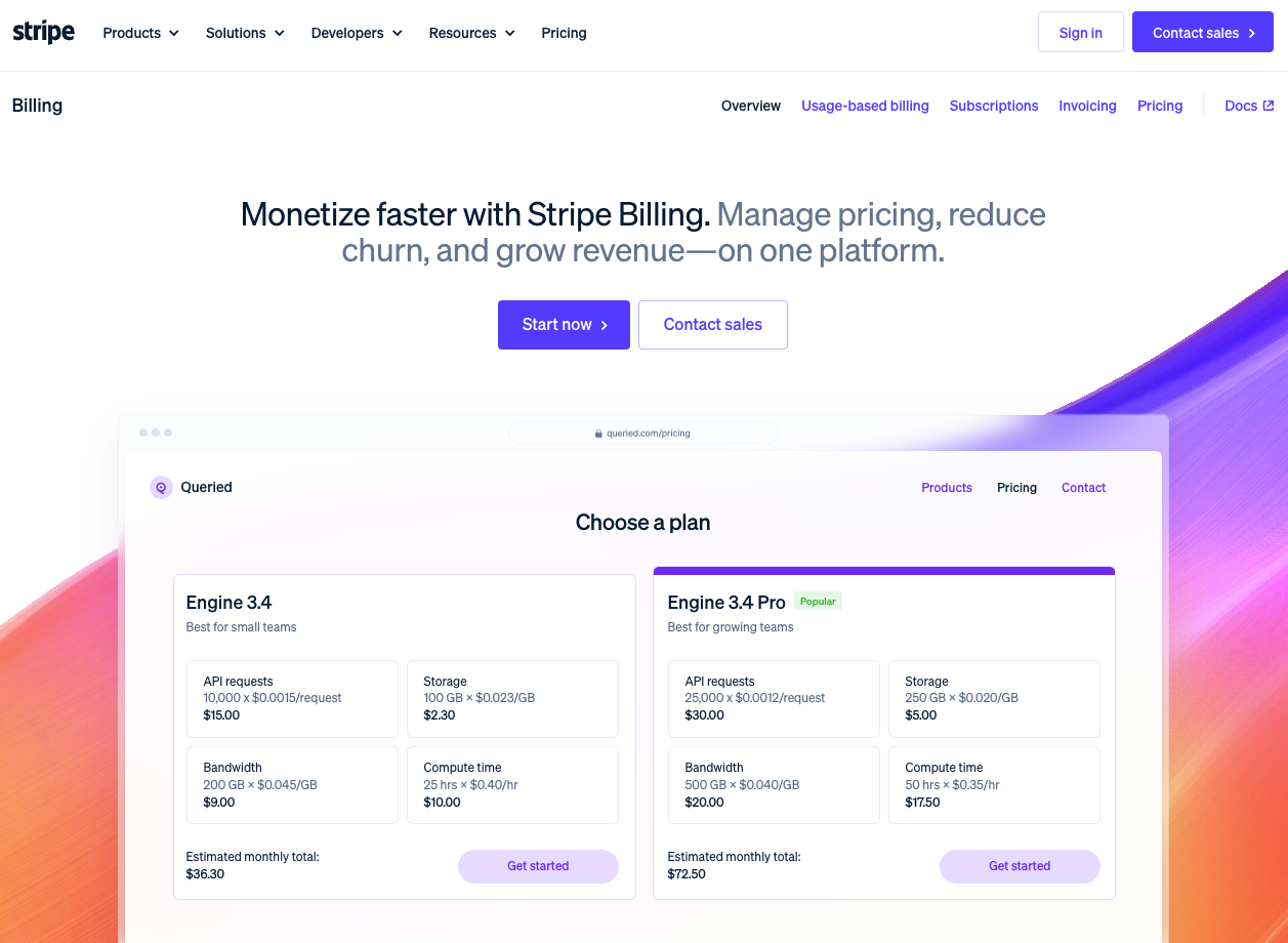 Stripe Billing homepage promoting pricing, subscriptions, invoicing, and usage-based billing on one platform.